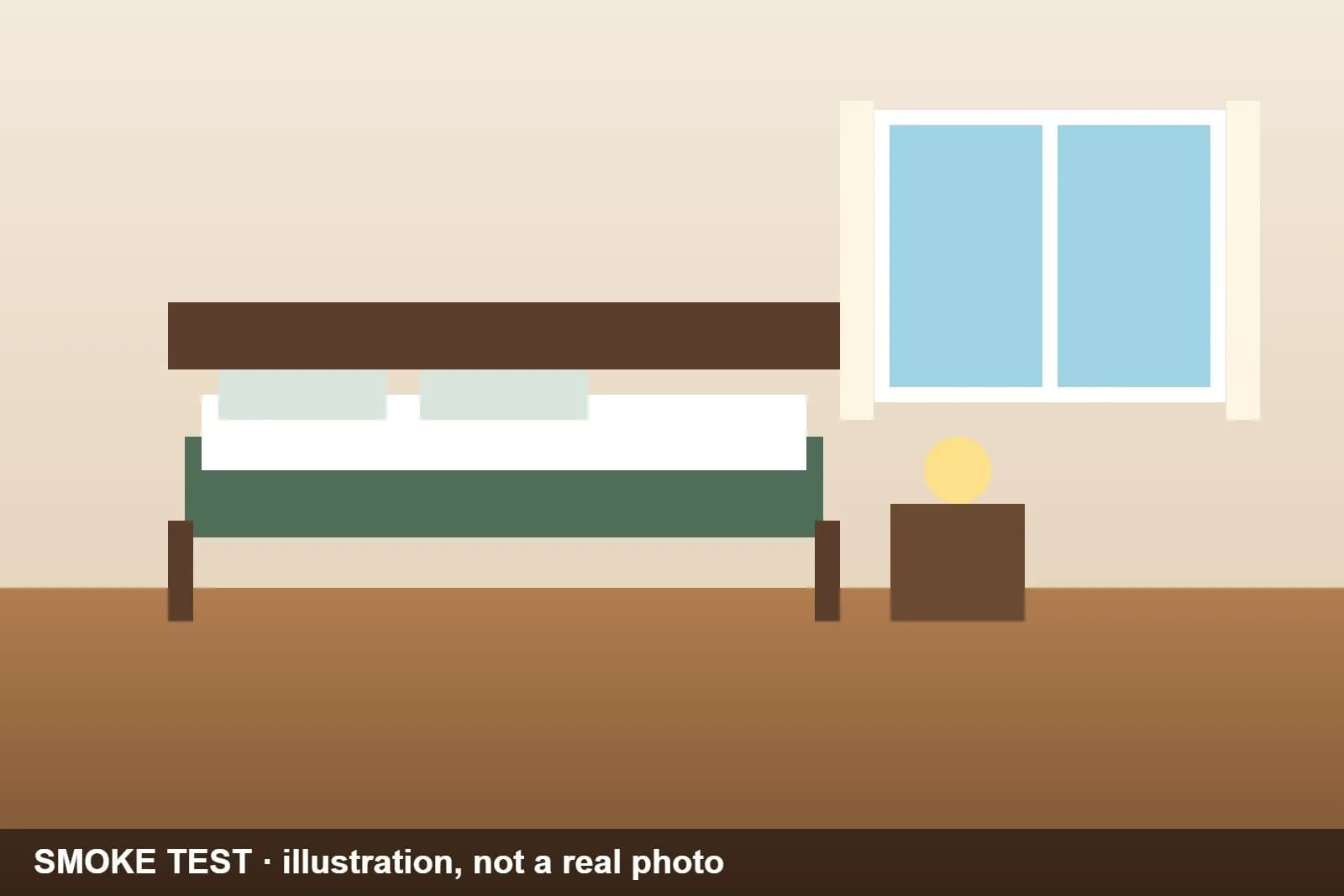 Illustration of a bright bedroom with a double bed and a window (smoke test)